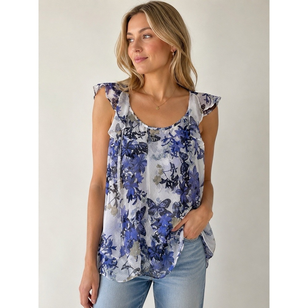 Roz & Ali Blue WhiteFloral Butterfly Blouse Tank Top Sleeveless Women's Medium